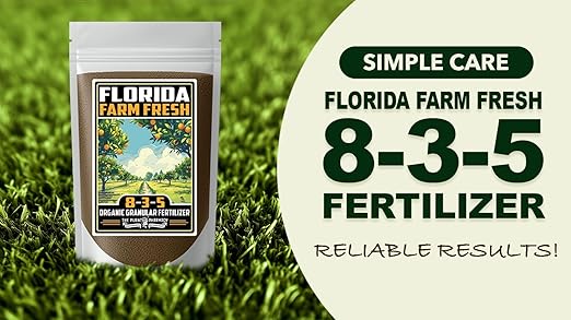 Fertilizer Commercial Grade | Florida Farm Fresh Organic 8-3-5 | 5 Ounces | Granular Slow Release Feed | Nitrogen Source | Lawns Vegetables Fruits Beds Borders Shrubs Ornamentals | 7–8 Month Coverage