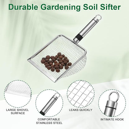 1-Pack Gardening Soil Sifter, 5 mm Mesh Stainless Steel Sand Soil Compost Sieve with Stainless Steel Handle for Sand/Dirt/Rock Compost, Screen Potting Scoop [Silver Tone]