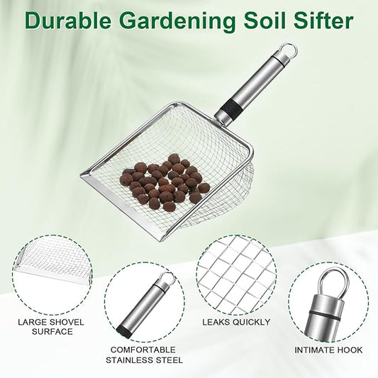 1-Pack Gardening Soil Sifter, 5 mm Mesh Stainless Steel Sand Soil Compost Sieve with Stainless Steel Handle for Sand/Dirt/Rock Compost, Screen Potting Scoop [Silver Tone]