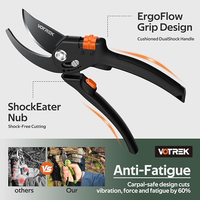 VOTREK® Pruning Shears for Gardening, [Patented Stepless Handle Opening] - Plant Scissors with Ultra-Sharp SK5 Steel for Weak Hand, Universal Fit for All Hand Sizes, Effortlessly Cuts 1-Inch Branches