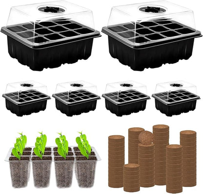 ZeeDix 6 Set Seed Starter Tray Kits, 6 Pack Seed Trays with 90 Pack Coco Coir Pellets, Adjustable Humidity Germination Tray with Dome Lids for Indoor Plants, Mini Greenhouse for Vegetables Garden