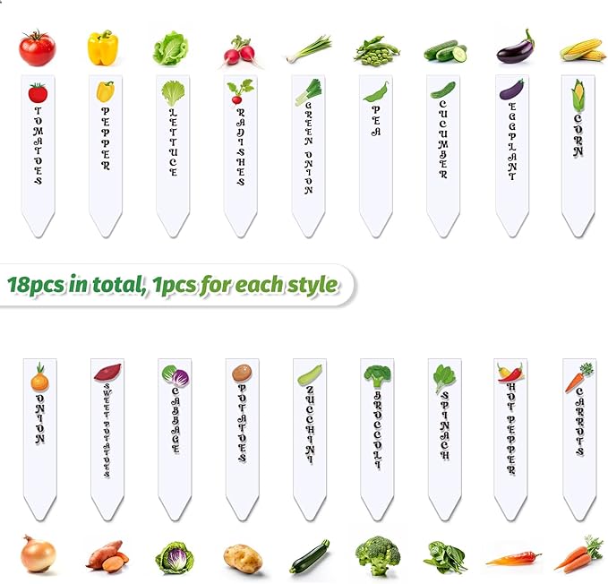 JarThenaAMCS 18Pcs Acrylic Vegetable Labels Waterproof Plant Marker Reusable Garden Stake Tags with Vegetable Names for Nursery Indoor Outdoor Garden Decoration