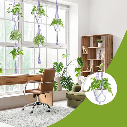 XXXFLOWER 3 Pack Macrame Plant Hanger Indoor Set with Hooks Handmade Woven Cotton Rope Flower Pot Crochet Plant Holder Stand Boho Plant Decor Hanging Planter Baskets Set of 3 with Beads Purple