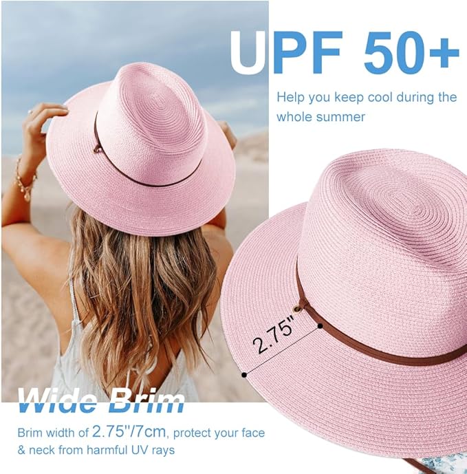 DRESHOW Women Straw Panama Hat Travel Fedora Beach Sun Hat Summer Wide Brim Straw Roll up Hat UPF 50+