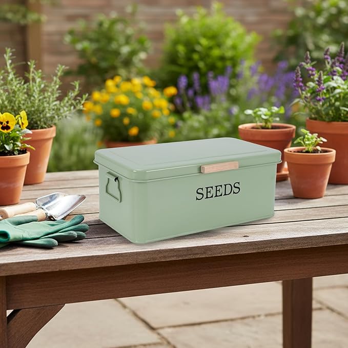 Seed Storage Organizer,Metal Seed Saving Box with Lid,4 Compartments Box with Safety Locks,Garden Supplies Container with 20 Plant Labels 50 Saving Envelopes 2 Marker Pens,Green