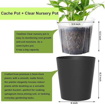 3 Pack of 6in Plastic Cachepot with 6 inch Clear nusery Pot - self Watering Indoor Planter with Drainage for Root Visibility,semi Hydro pots for repotting Orchids,Aroid or Monstera,Black