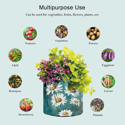 5 Gallon Art White Daisy Flowers Turquoise Grow Bag Heavy Duty Thickened Plant Pot Containers with Handles for Potato Tomato Flowers Fruits Vegetables