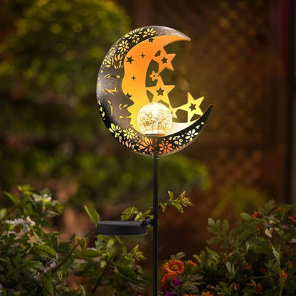 Moon Solar Lights Outdoor Garden Decorative Star Solar Lantern with Warm Light Waterproof Metal Outdoor Decoration for Patio, Pathway or Yard Garden Decor