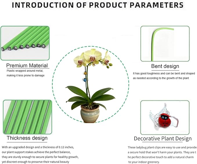 16.5 Inch Plant Stakes - 10 Pcs Bendable Orchid Stakes Green with 10 Clips & 5 Adorable Ladybug Clips for Indoor Outdoor Potted Plants, Orchids, Tomatoes, Flowers Gardening