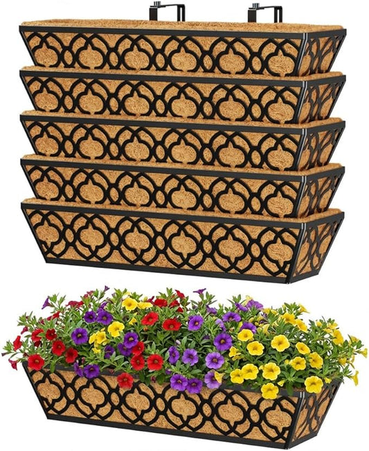 Y&M 6pcs 24 Inch Window Deck with Coco Liner, Fence Metal Hanging Flower Planter Window Basket Deck Railing Planter Boxes for Outdoor Garden Lawn