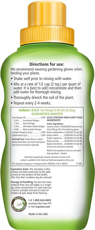 Espoma Organic 8 Ounce Concentrated Indoor! Plant Food - Indoor Plant Fertilizer for Large & Small Plants Like Pothos, Fiddle Leaf Fig, Monstera, Snake & Palms