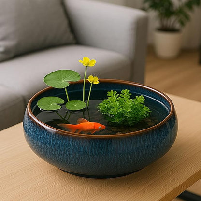 Oncpcare Lotus Bowl Planter – Ceramic Water Plant Pot Sacred Bonsai Bowl Lotus Flower, Shallow Glazed Vase for Lotus Seeds, Bonsai, Succulents, Hydroponic Plants (Blue)