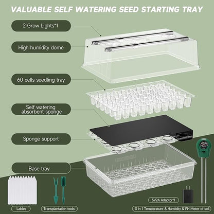 Self-Watering Seed Starter Tray with Grow Lights, 60 Cells Seed Starter Kit, Full Spectrum Grow Light for Seed Starting, Timing Set, Germination Tray Grow Kits with High Humidity Domes