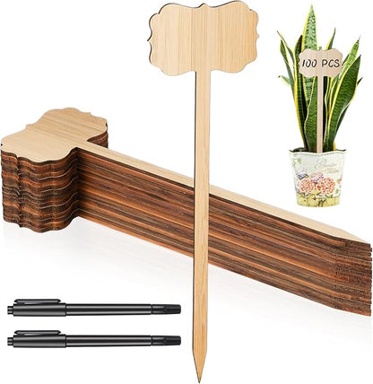 100 Pcs Bamboo Plant Labels 8 Inch Extra Long Plant Tags for Seedlings Garden Markers with Pen T-Type Tags Waterproof Nursery Garden Signs for Outdoor Flower Herb Potted