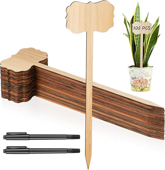 100 Pcs Bamboo Plant Labels 8 Inch Extra Long Plant Tags for Seedlings Garden Markers with Pen T-Type Tags Waterproof Nursery Garden Signs for Outdoor Flower Herb Potted