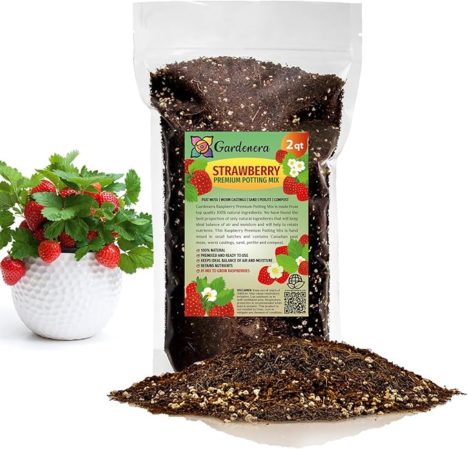 GARDENERA Superior Potting Soil Blend for Strawberry Plants - Optimal Blend for Thriving and Juicy Strawberries (2 Quart)