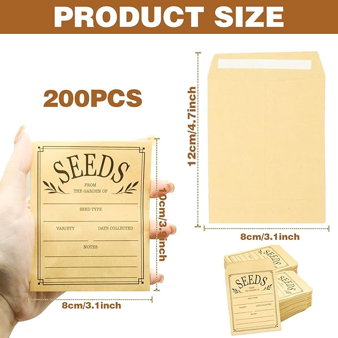 200Pcs Seed Envelopes, Seed Envelope Resealable Small Packets Brown Paper Seeds Envelopes with Printing, 3.1x4.7 Inch for Collection Flowers Seeds