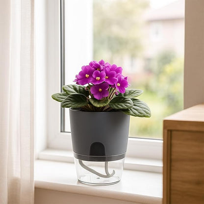 Planterhoma 8 Pack Self Watering Pots for Indoor Plants, 4 Inch Plant Pot Plastic Self Watering Planter for Orchid, African Violet, Small Clear Flower Pots with Drainage Holes and Wicking Rope, Grey