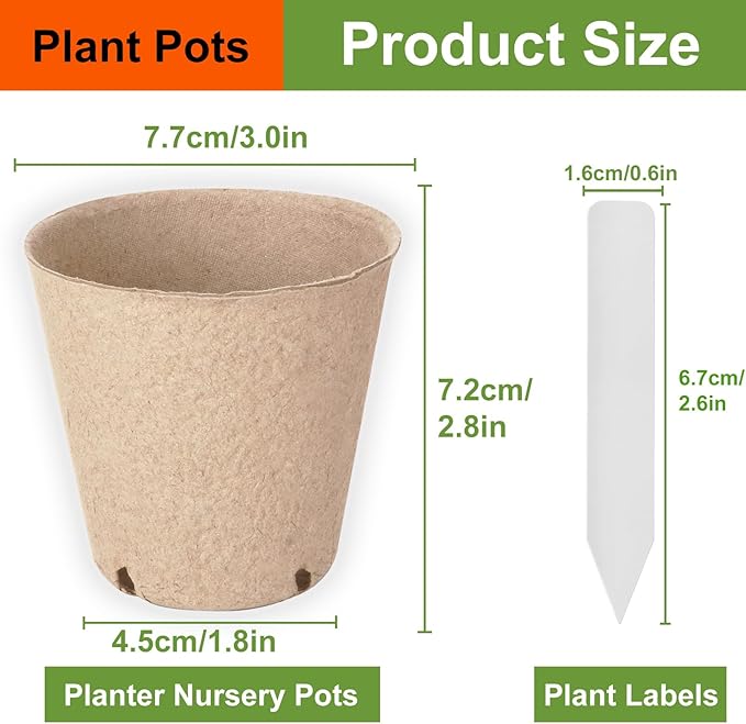 130 Pack Peat Pots, 3 Inch Plant Starter Round Nursery Pot with Drainage Holes, Seedling Nursery Box, Seed Starting Tray, Bulk Garden Germination Paper Pulp Container with 130 Plant Labels