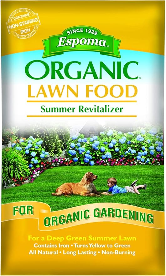 Espoma Organic Lawn Food Summer Revitalizer 8-0-0 Natural & Organic Fertilizer for All Lawns; Provides Iron & Long Lasting Organic Nitrogen for a Greener Lawn. 30 lb. Bag Covers up to 5,000 Sq. Ft.