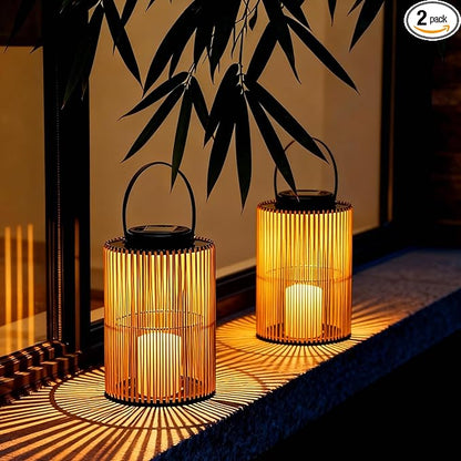Solar Lanterns Outdoor Waterproof, Imitation Candle Lantern in Boho Style for Garden, Backyard, Patio Decor, Birthday Gifts for Women Mom Grandma, Hanging Garden Lights for Outside (2 Pack)