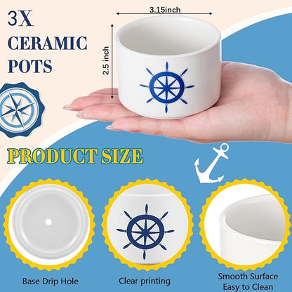 3 Pcs Decor Gift for Women Planter Ceramic Gift Animal Plant Pot with Bamboo Tray for Office Home Farm House Bathroom Kitchen Christmas Decorations (No Plants Included)(Nautical)