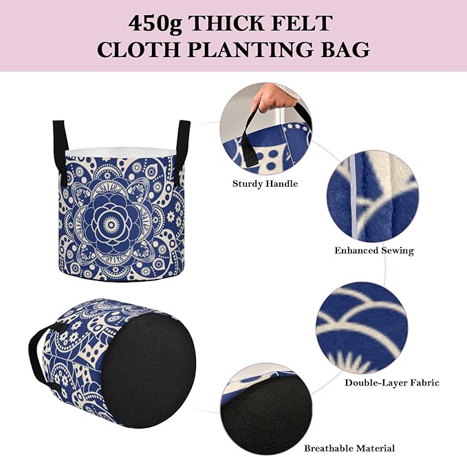 ALAZA Blue Mandala Pattern Plant Grow Bag 5 Gallon,Round Fabric Plants Pots with Handle for Vegetable Flower Garden Home Decor