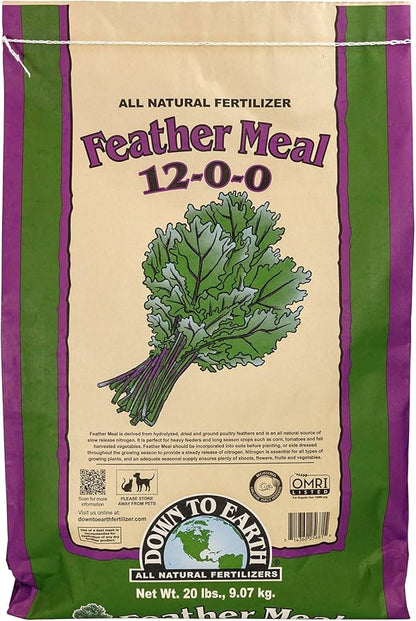 Down To Earth All Natural Fertilizers Organic Feather Meal - Slow Release Nitrogen Plant Food for Green Growth 12-0-0, 20 lb