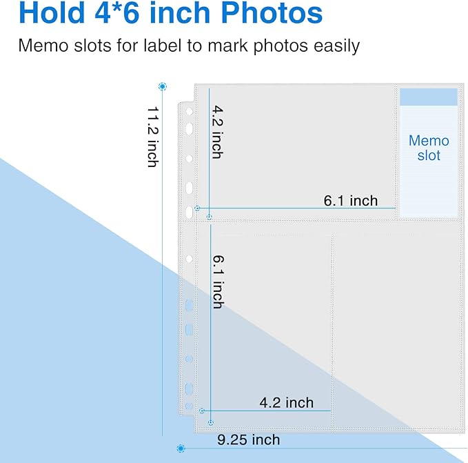 Sooez 30 Pack 4x6 Photo Sleeves for 3 Ring Binder (180 Pictures), Heavy Duty Plastic Page Protectors, Clear Binder Postcard Sleeves, Archival Photo Album Refill Pages, Binder Inserts