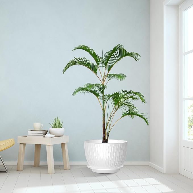 12 inch Large Plant Pots, Flower Pots with Multi-Mesh Drainage Holes and Saucer, Plastic Planters for Indoor and Outdoor Garden Plants (White, 12")