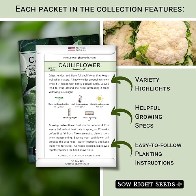 Sow Right Seeds - Cauliflower Collection Seeds for Planting - Includes Non-GMO Heirloom Colorful Cauliflower & Romanesco Broccoli - High Yield & Easy to Grow - Ideal for Veggie Gardens - Home Harvest
