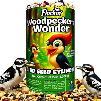 Woodpecker Bird Seed Cylinders with Hole – Premium Woodpecker Food Blend with Sunflower Chips, Peanuts & Suet – Natural High Energy Bird Seed, No Filler, No Shell, No Mess – USA Made (4" x 7.75")