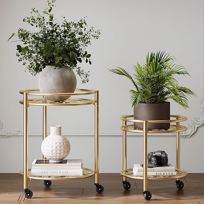 2 Tier Rolling Plant Stand with Wheels, Mid Century Modern Metal Stand for Planters, 2 Sizes 9 Inch & 11 Inch, Indoor Outdoor Movable Flower Pot Holder for Decor Home Garden Patio Load Bearing 165 LB 2 Pack Gold