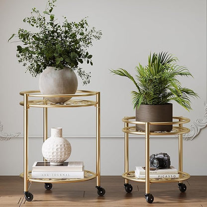 2 Tier Rolling Plant Stand with Wheels, Mid Century Modern Metal Stand for Planters, 2 Sizes 9 Inch & 11 Inch, Indoor Outdoor Movable Flower Pot Holder for Decor Home Garden Patio Load Bearing 165 LB 2 Pack Gold