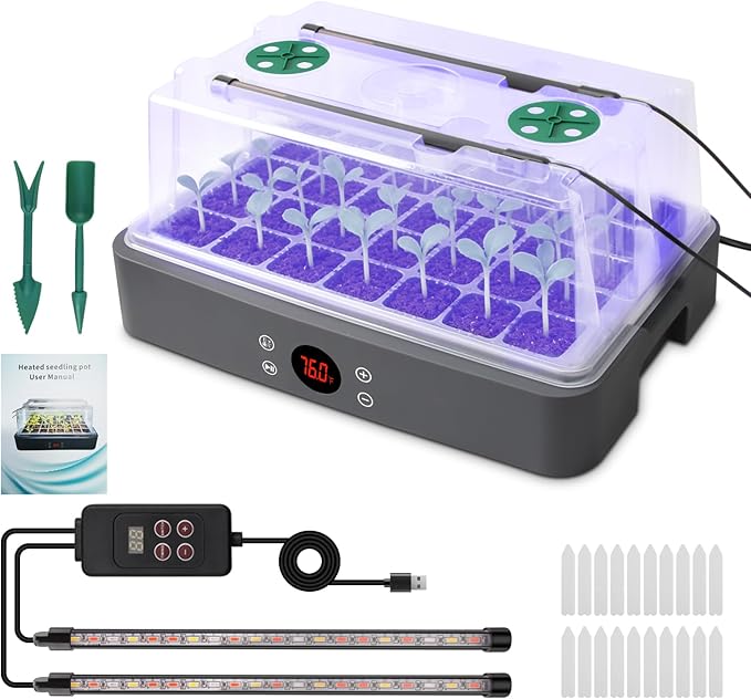 40-Cell Self-Watering Seed Starter Tray with Grow Light, 1-24H Timer, Humidity Dome, Soil pH Meter, Gloves, Seedling Tools, Indoor Kit for Plant Germination, Herbs, Vegetables, Flowers