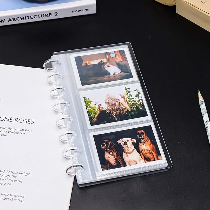 Discbound Photo Album with Clear PET Cover 20 Sheets Clear PP Sleeves 8 Discs Bound Organizer Left Side Open Pockets for Cash Money Stickers Photos Cards (8 Rings 3 Pockets)
