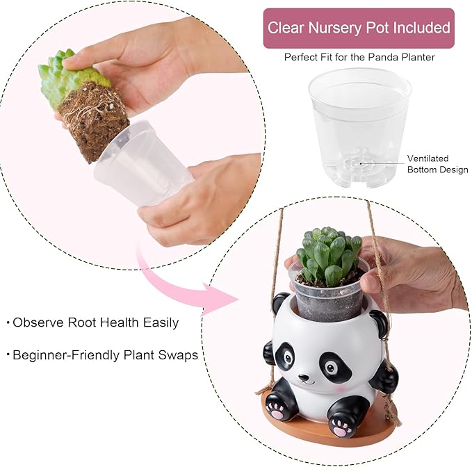 Swing Panda Hanging Planters for Indoor Plants, Cute Succulent Pots with Drainage Hole, Small Hanging Flower Pots Outdoor, Panda Gifts for Plant Lovers (Girl-Pink)