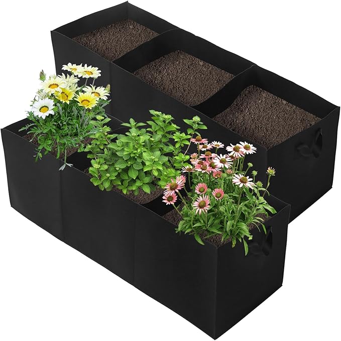 2 Pack Plant Grow Bags, 3 Divided Grids Fabric Raised Planting Bed Rectangle Raised Vegetable Planter Garden Planting Grow Pot Outdoor Planter Box for Vegetables, Flowers, Plants (Black, 120x40x40cm)