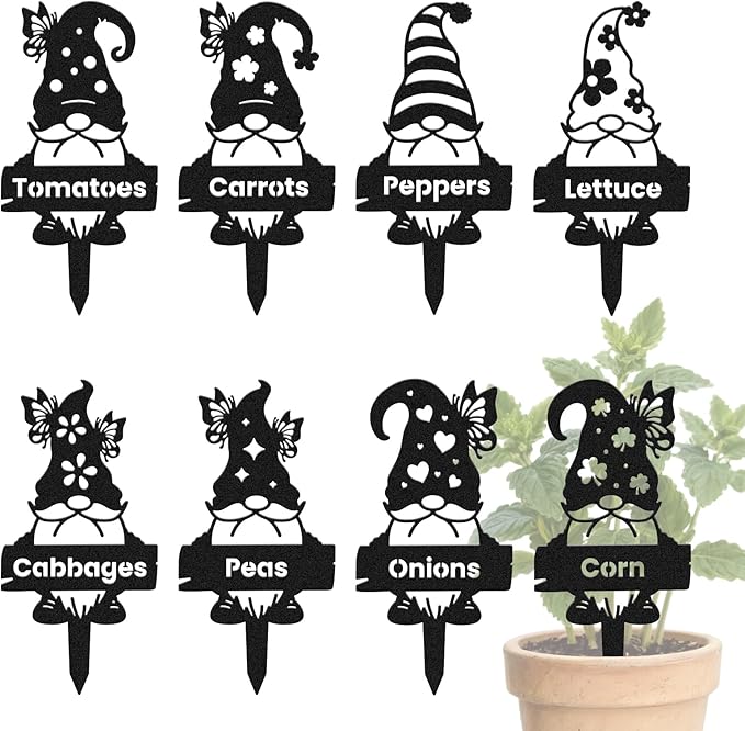 CUTHOLLOW 8PCS Metal Plant Markers Stakes Gnome with Vegetable for Outdoor Indoor, 3.5"x7" Waterproof Cute Garden Plant Labels Signs Tags for Farmhouse Greenhouse Decor - Funny Gardening Gifts