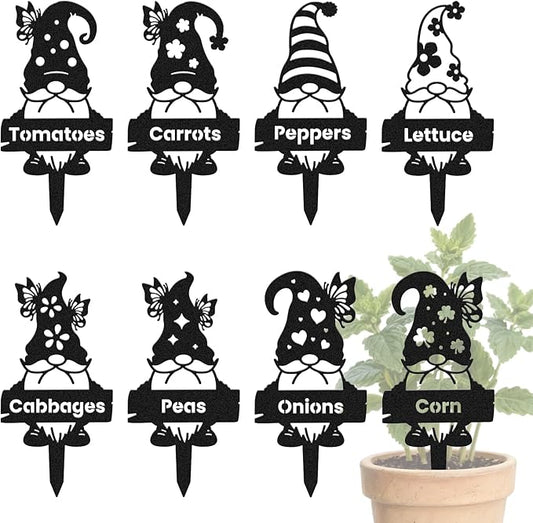 CUTHOLLOW 8PCS Metal Plant Markers Stakes Gnome with Vegetable for Outdoor Indoor, 3.5"x7" Waterproof Cute Garden Plant Labels Signs Tags for Farmhouse Greenhouse Decor - Funny Gardening Gifts