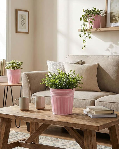 vensovo 6 Inch Pink Metal Rustic Flower Pots - 6Pcs Medium Galvanized Planters with Drainage Hole and Rubber Plug, Rustproof Metal Bucket Plant Pots Farmhouse Vintage Style for Decor