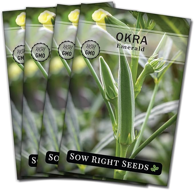 Sow Right Seeds - Emerald Okra Seeds for Planting - Non-GMO Heirloom Packet with Instructions to Plant a Home Vegetable Garden - Classic Green Pods on Tall Stalks - Make Fried Okra (4)