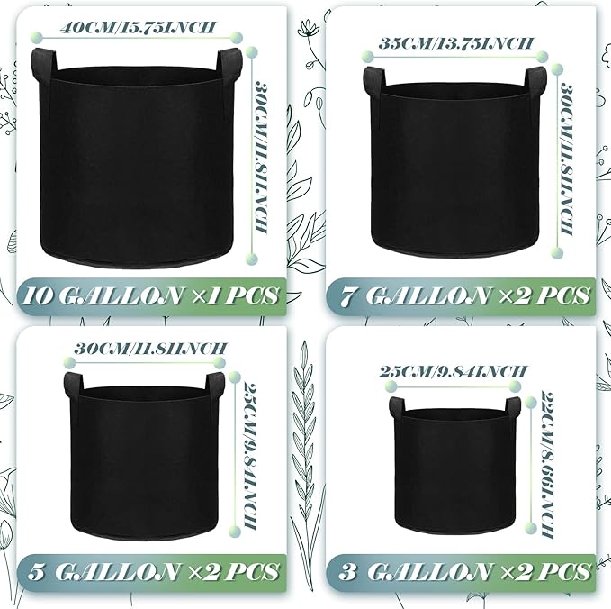 Hoolerry 7 Pack Black Plant Grow Bags Thickened Non Woven Grow Bags in 4 Sizes 10, 7, 5 and 3 Gallons Aeration Fabric Pots with Handles