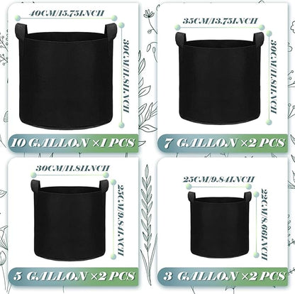 Hoolerry 7 Pack Black Plant Grow Bags Thickened Non Woven Grow Bags in 4 Sizes 10, 7, 5 and 3 Gallons Aeration Fabric Pots with Handles