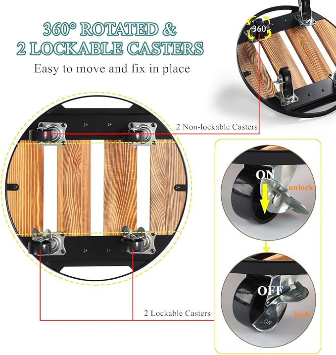 2 Pack Plant Caddy with Wheels,14" + 12" Rolling Plant Stand 264 LB Heavy Duty, Iron and Wood Round Plant Dolly with Metal 360° Lockable Wheels for Outdoor Indoor Large Plant Pots, Patio, Flower Pot