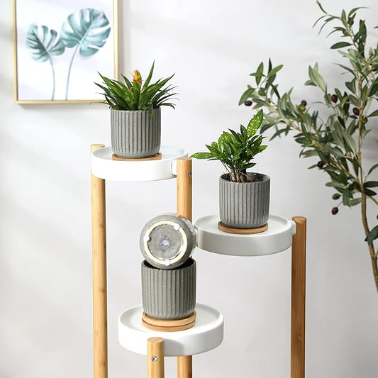 OMAYKEY 4 Inch Ceramic Plant Pot with Saucer, Creative Stripe Grey-Green Small Planters Pots with Drainage Hole and Mesh Pads for Succulent, Cactus, Herbs - Set of 4