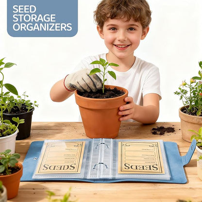 Seed Storage Organizer Binder, Leather Seed Packet Organizer with 50 Pack Seed Envelopes, Garden Seed Storage Holder Book, Plant Seed Saver, Flower Seed Keeper, Blue, 3.1x4.7 Inch Seed Envelopes