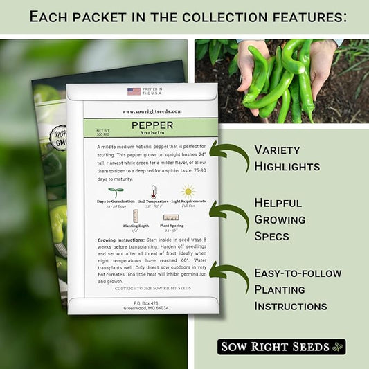 Sow Right Seeds - Hot & Sweet Pepper Seed Collection for Planting - California Wonder, Cubanelle, Marconi Red, Jalapeno, Serrano, Sunbright, Cayenne, Anaheim - Non-GMO Heirloom Peppers to Plant