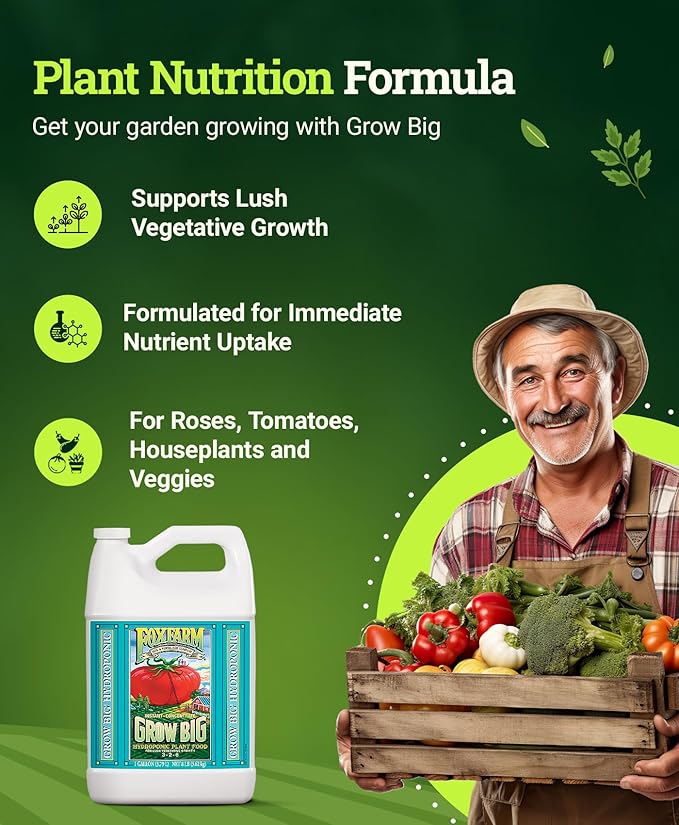 FoxFarm Grow Big Hydroponic Plant Food - 3-2-6 Liquid Plant Fertilizer for Lush Vegetative Growth in Hydroponic Systems - Liquid Concentrate with Earthworm Castings & Micronutrients - 1 Gallon