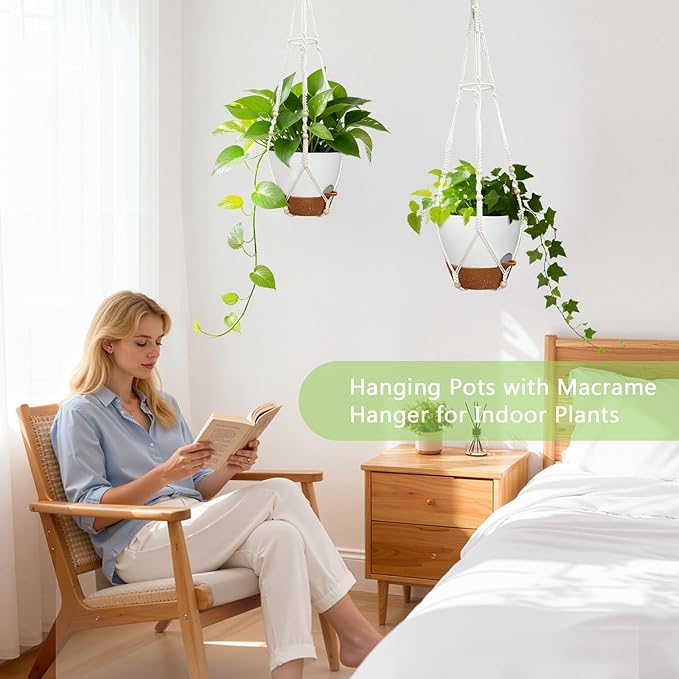 Hanging Grow Lights for Indoor Plants: 2 Pack Macrame Plant Hangers with Grow Lights and Self-Watering Pots, 10 Inch Large Hanging Pots with Drainage Holes & Removable Tray
